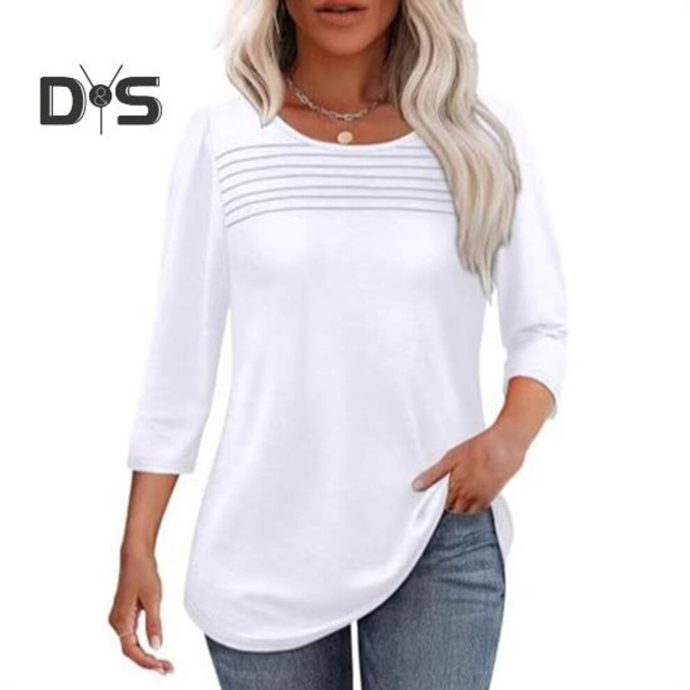 (XL, white) Women Tops Round Neck 3/4 Sleeve Pleated Blouse Spring Summer Solid Color Loose Fit Casual T-shirt Daily Wear