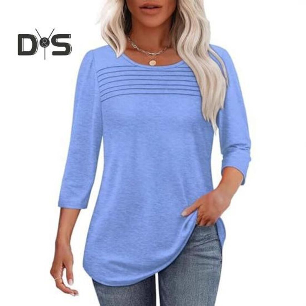 (L, light blue) Women Tops Round Neck 3/4 Sleeve Pleated Blouse Spring Summer Solid Color Loose Fit Casual T-shirt Daily Wear