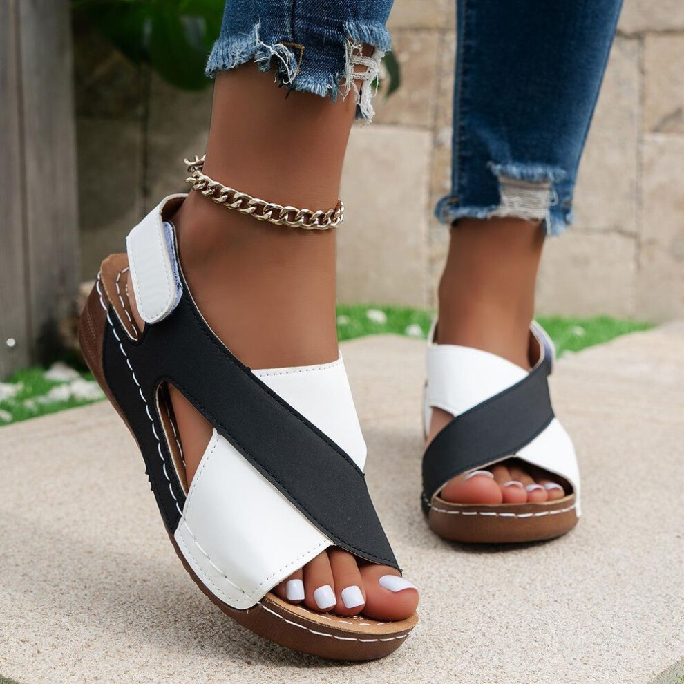 (black, 39) Women's Fashion Clash Colour Slope Heel Sandals,Open Toe Summer Shoes,Cross Strap Design,Mid Heel Platform,Non-Slip Sole,Comfortable Walking Shoes,