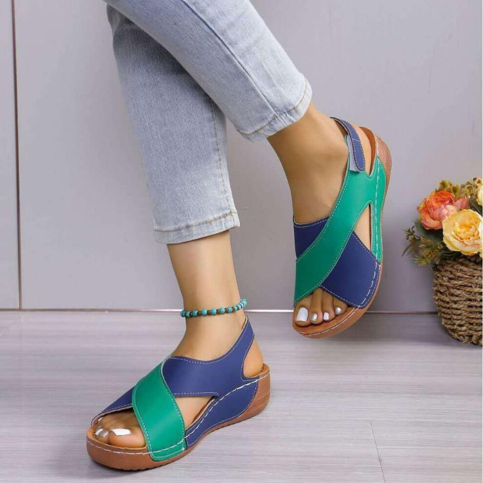 (green, 40) Women's Fashion Clash Colour Slope Heel Sandals,Open Toe Summer Shoes,Cross Strap Design,Mid Heel Platform,Non-Slip Sole,Comfortable Walking Shoes,