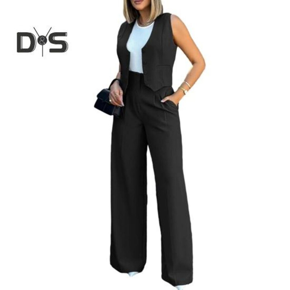 (black, L) Women Wide Leg Pants with Sleeveless Vest Solid Color High Waist Elegant Lady Baggy Pants Set Casual Streetwear