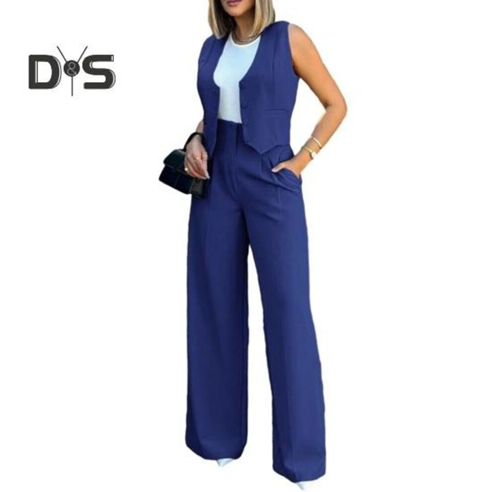 (blue, S) Women Wide Leg Pants with Sleeveless Vest Solid Color High Waist Elegant Lady Baggy Pants Set Casual Streetwear