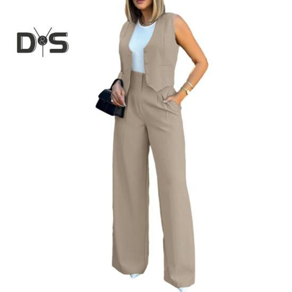 (khaki, 2XL) Women Wide Leg Pants With Sleeveless Vest Solid Color High Waist Elegant Lady Baggy Pants Set Casual Streetwear