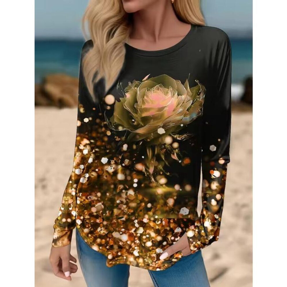 (M, gold) 3D Women's T Shirt Tee Graphic Rose Print Long Sleeve Daily Sweatshirt Weekend Fashion Crew Neck Regular Fit Painting Spring & Fall Tops