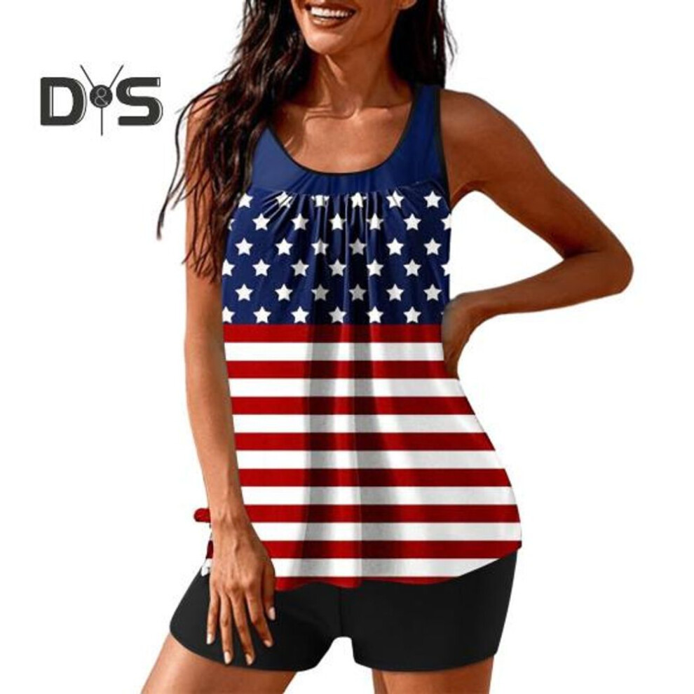 (M, red,blue) 2Pcs/Set Women Tankini Set American Independence Day Print Vest Solid Color Swimming Shorts Set Swimwear