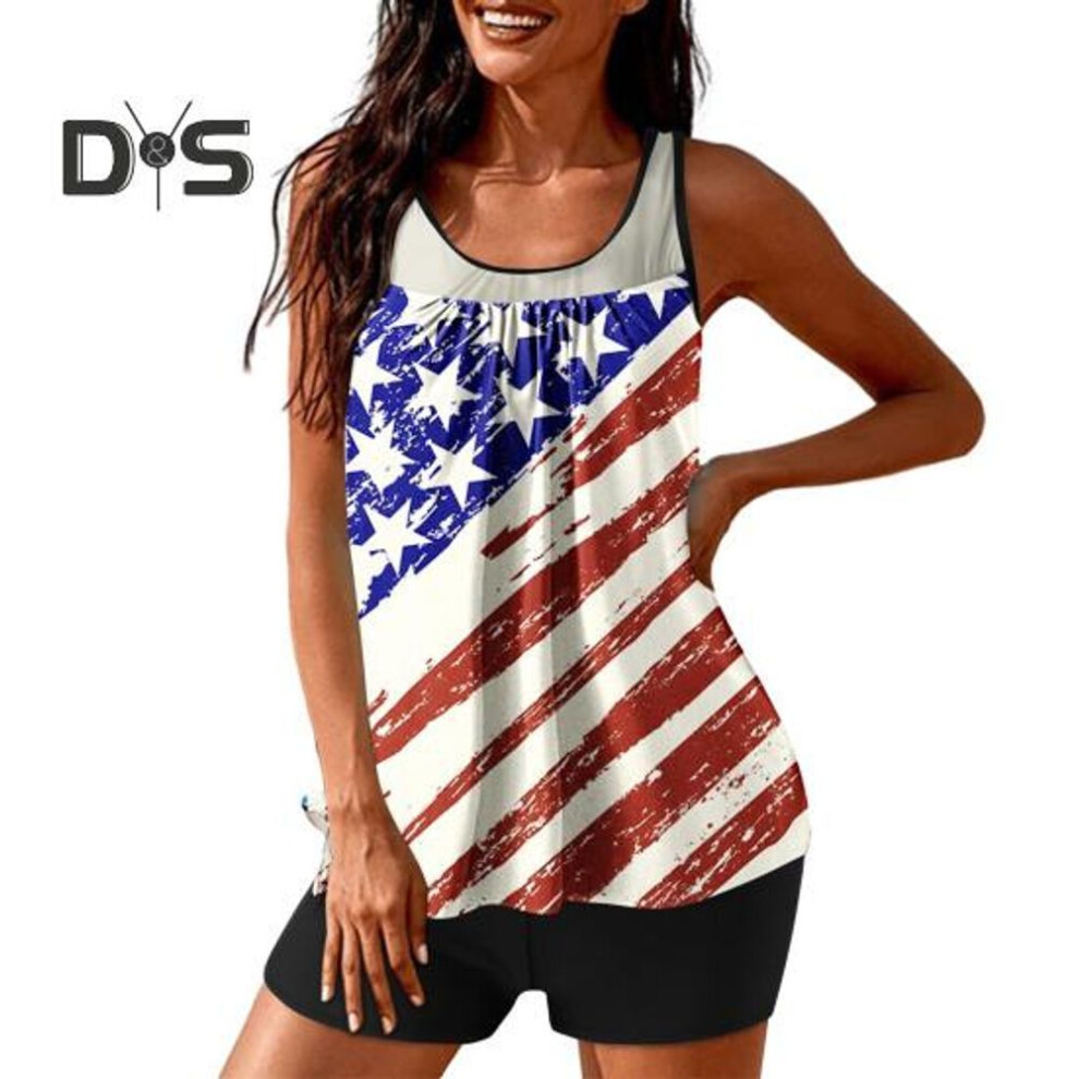 (L, blue,white) 2pcs/set Women Tankini Set American Independence Day Print Vest Solid Color Swimming Shorts Set Swimwear