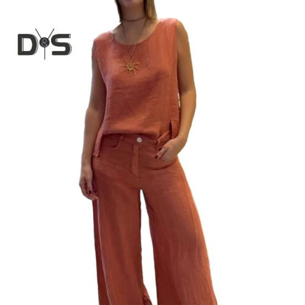 (orange, M) Women's 2-Piece Cotton Linen Outfit Sleeveless Round Neck Tank Tops And Wide Leg Pants Lounge Sets with Pockets