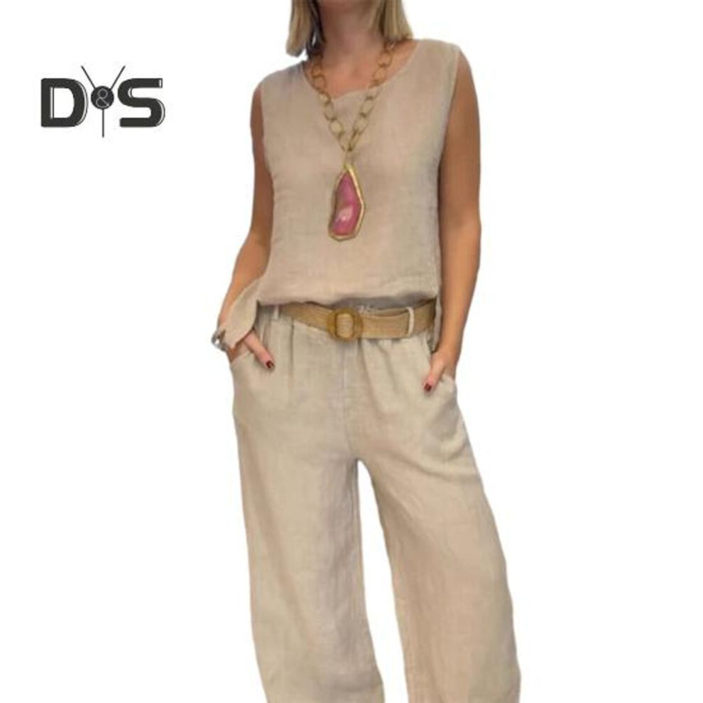 (khaki, M) Women's 2-Piece Cotton Linen Outfit Sleeveless Round Neck Tank Tops And Wide Leg Pants Lounge Sets with Pockets