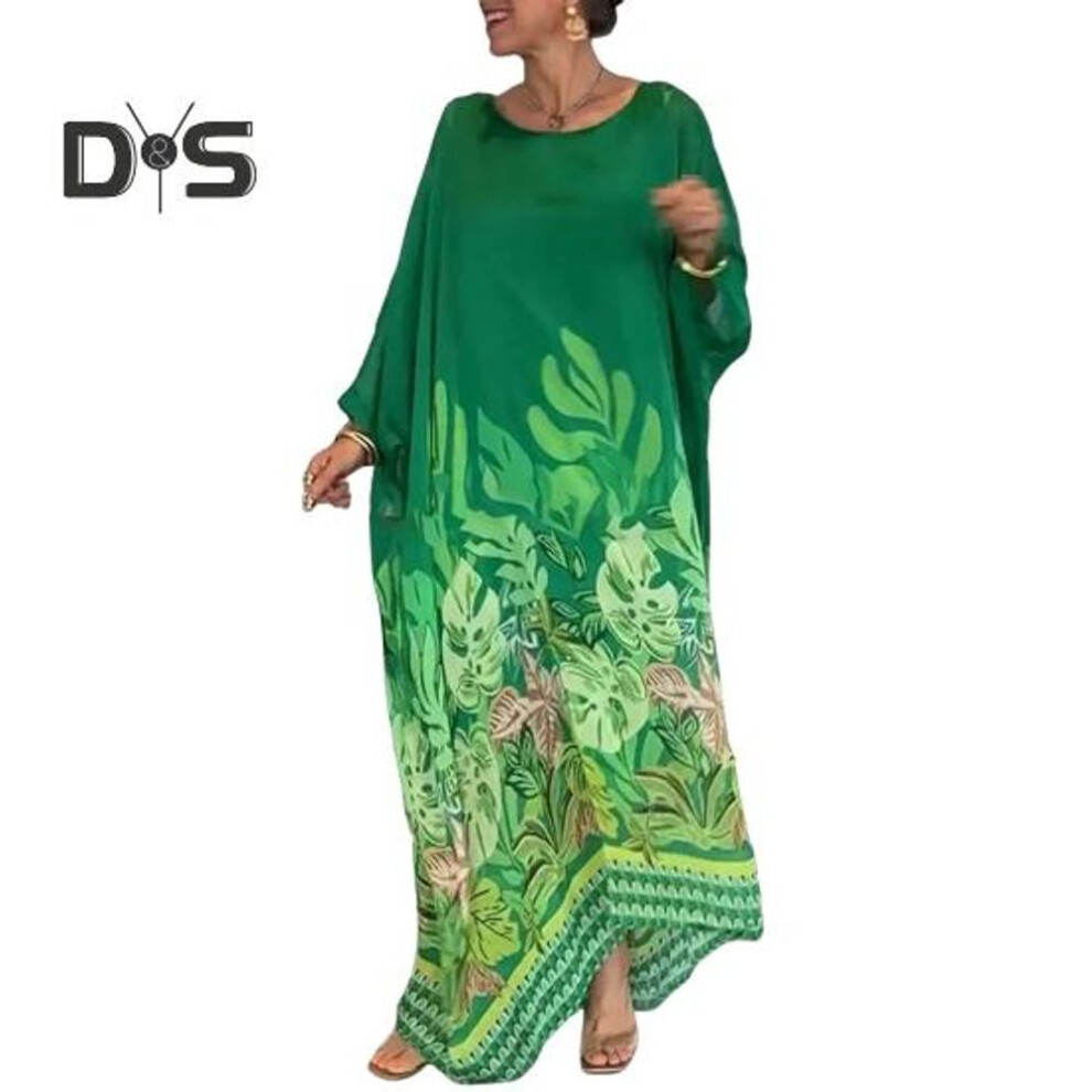 (green, XXL) Fall Spring Women Dress Oversized Floral Printing Color Matching Robe Type Long Bat Sleeves Round Neck Irregular Hem Pullover Party Dating Maxi Dress