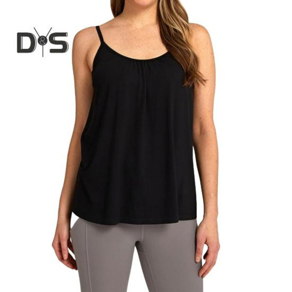 (M, black) Camisole Top For Women Loose Cami Top With Built-in Padded Bra Summer Flowy Pleated Spaghetti Strap Tank Top For Daily Wear Exercise