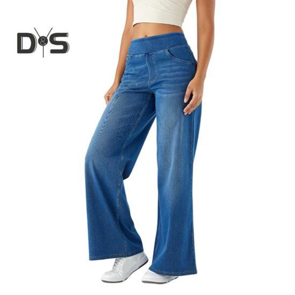 (blue, M) Women Jeans with Pockets Elastic High Waist Solid Color Full Length Pants Straight Wide Leg Trousers for Daily Commuting