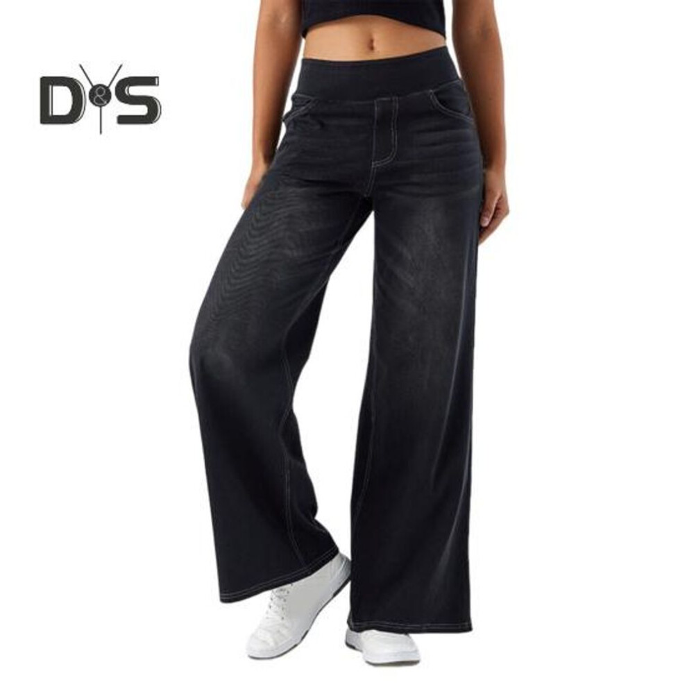 (dark gray, M) Women Jeans with Pockets Elastic High Waist Solid Color Full Length Pants Straight Wide Leg Trousers for Daily Commuting