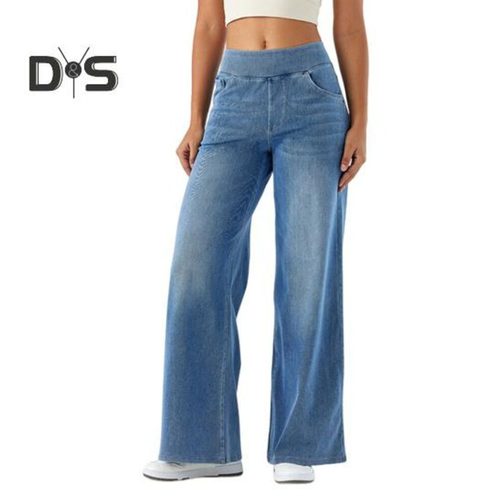 (light blue, XL) Women Jeans with Pockets Elastic High Waist Solid Color Full Length Pants Straight Wide Leg Trousers for Daily Commuting