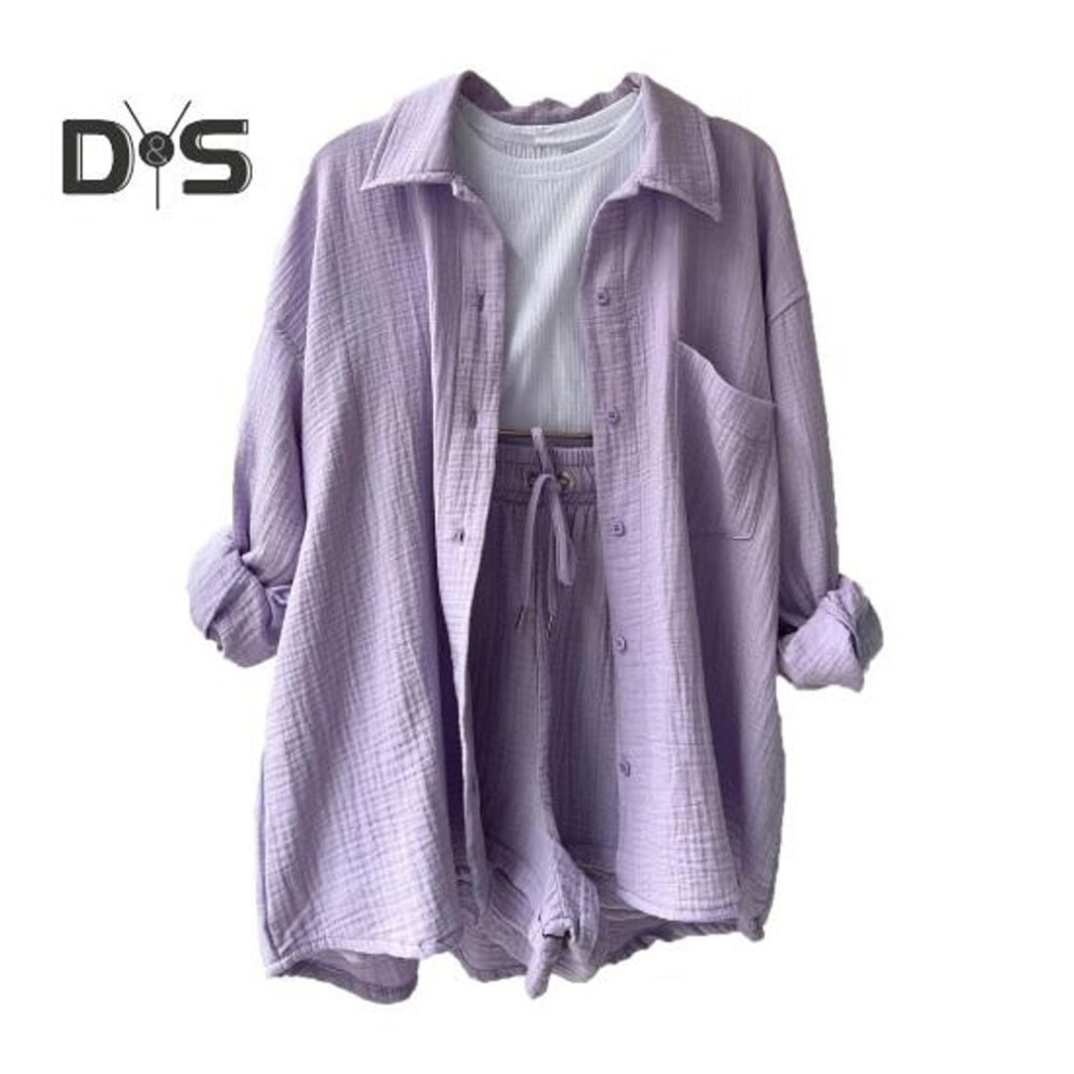 (light purple, S) Women's Summer 2 Piece Outfits Long Sleeve Button Down Blouse And Drawstring Shorts Sweatsuit Set Casual Cotton Lounge Suit