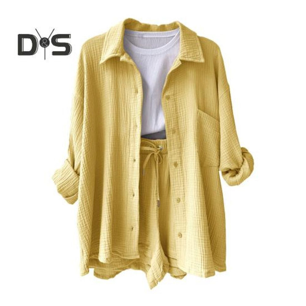 (yellow, L) Women's Summer 2 Piece Outfits Long Sleeve Button Down Blouse And Drawstring Shorts Sweatsuit Set Casual Cotton Lounge Suit