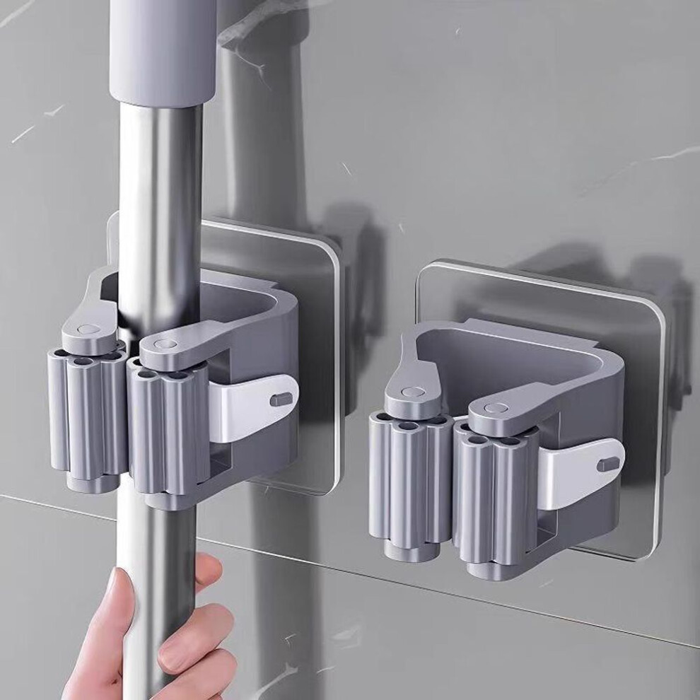 (grey, 2 PCS) 6pcs - Strong Traceless Pulley Mop Clamp, No Punching Hanging Broom Rack, Bathroom Mop Hook, Adhesive Hook Hanging Rack
