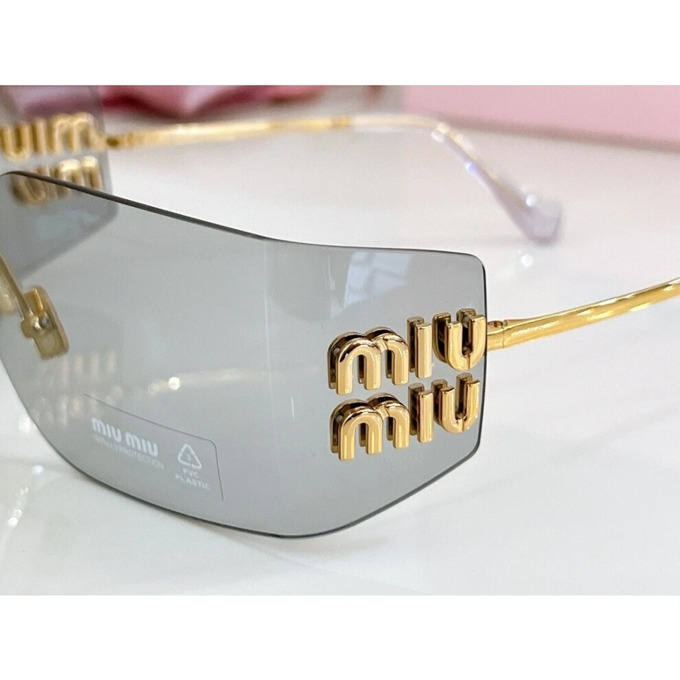 New Miu Miu SMU 54YS Women Sunglasses Wrap Logo Gold Frame Light Gray Lens