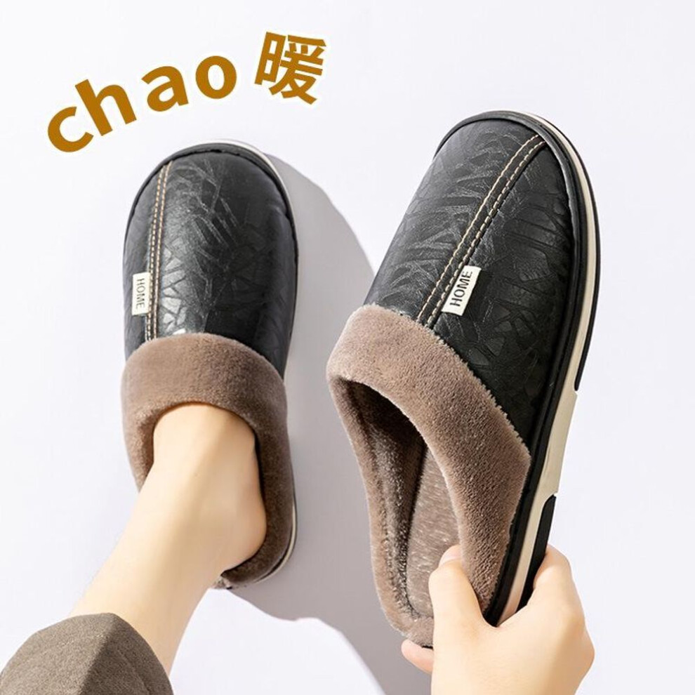 (black, 46-47) Warm Cotton Slippers for Middle-Aged and Elderly: Waterproof, Non-Slip, Soft Bottom Fur, Unisex Indoor Footwear for Autumn and Winter