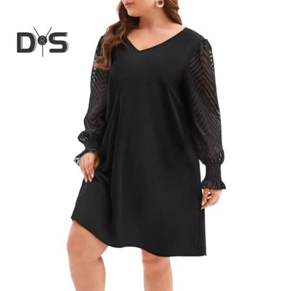 (black, L) Plus Size Dress V-Neck Hollow Lace Stitching Flared Long Sleeve High Waist Mini Dress Solid Color Casual Mini Dress