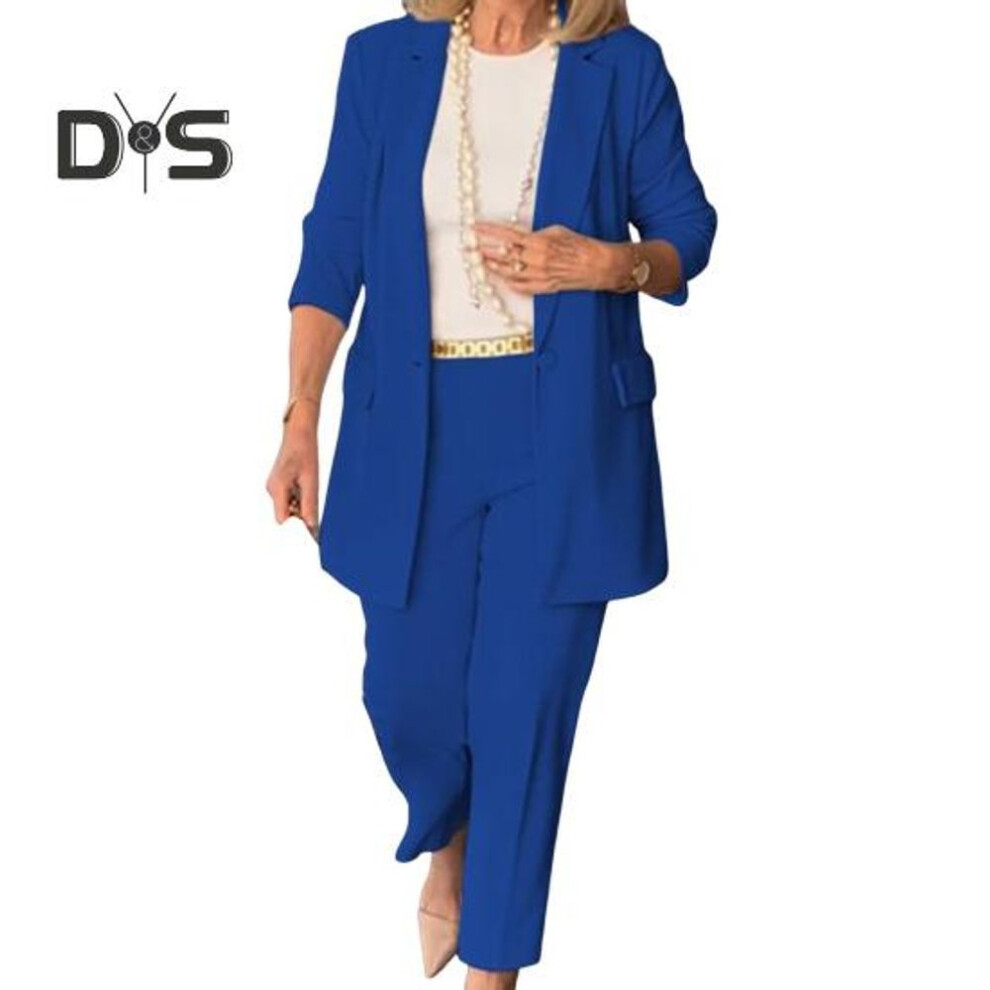 (blue, L) 2 Pcs/Set Lady Formal Coat Pants Set Turn-down Collar Long Sleeves Cardigan Jacket Loose Pure Color Trousers Casual Daily Wear Commuting Outfit