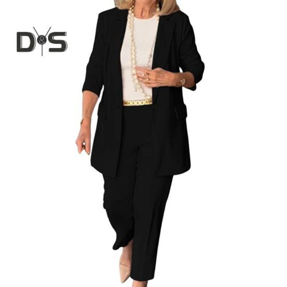 (black, S) 2 Pcs/Set Lady Formal Coat Pants Set Turn-down Collar Long Sleeves Cardigan Jacket Loose Pure Color Trousers Casual Daily Wear Commuting Outfit