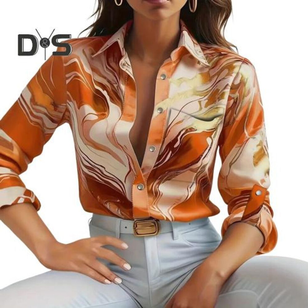 (S, orange) Women Shirt Lapel Long Sleeve Printing Shirt Tops Single Breasted Spring Autumn Commuter Style Blouse