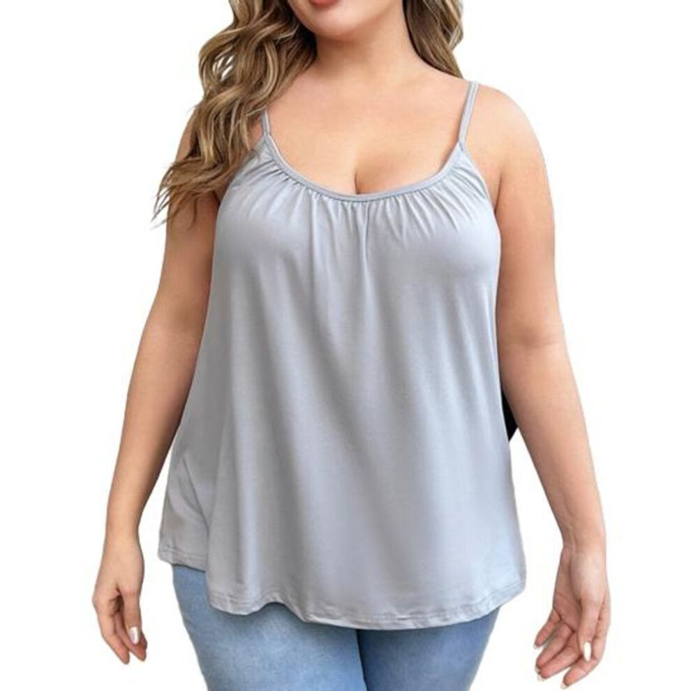 (3XL, grey) Camisole Top For Women Loose Cami Top With Built-in Padded Bra Summer Flowy Pleated Spaghetti Strap Tank Top For Daily Wear Exercise