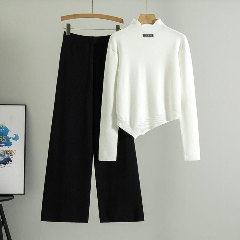 (white, one size) Spring Women's New Fashion Knit Irregular Turtleneck Sweater Casual Wide Leg Pants Two Piece Set
