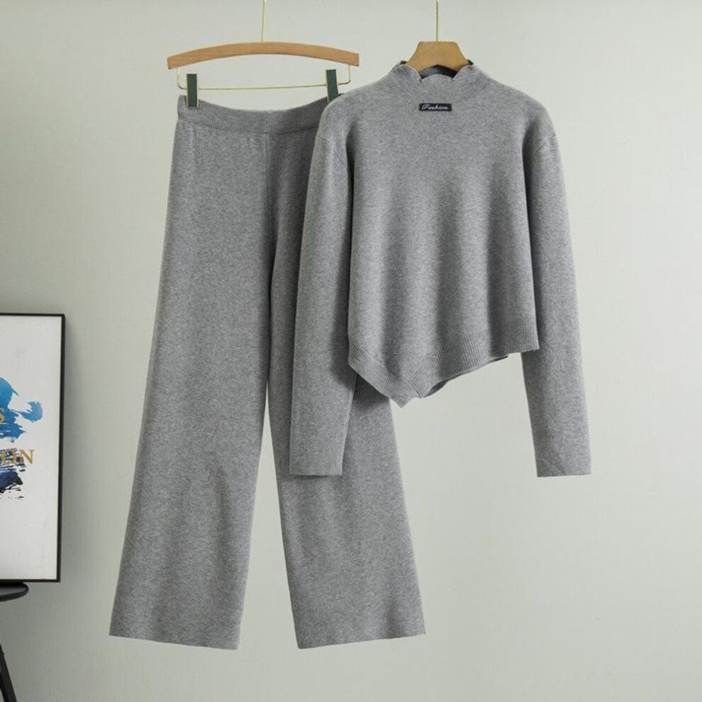 (gray, one size) Spring Women's New Fashion Knit Irregular Turtleneck Sweater Casual Wide Leg Pants Two Piece Set
