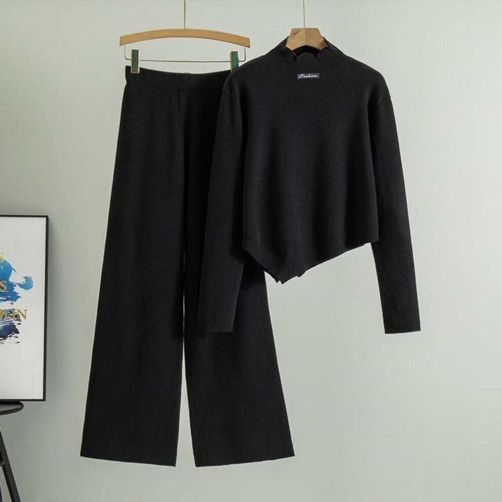 (black, one size) Spring Women's New Fashion Knit Irregular Turtleneck Sweater Casual Wide Leg Pants Two Piece Set