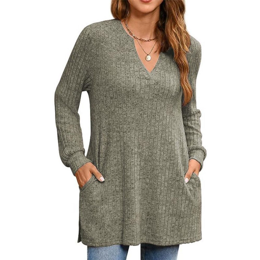 (XL, army green) YYFS Women's Fashion Casual Spring Fall Solid Color Print Long Sleeve V-Neck Blouses & Shirts