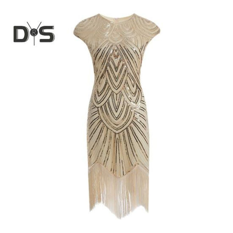 (apricot, M) Women Sequin Dress Vintage Prom Party Evening Dress Sleeveless Round Neck Back Zipper Closure Fringed Hem Sheath Slim Fit Lady Dress
