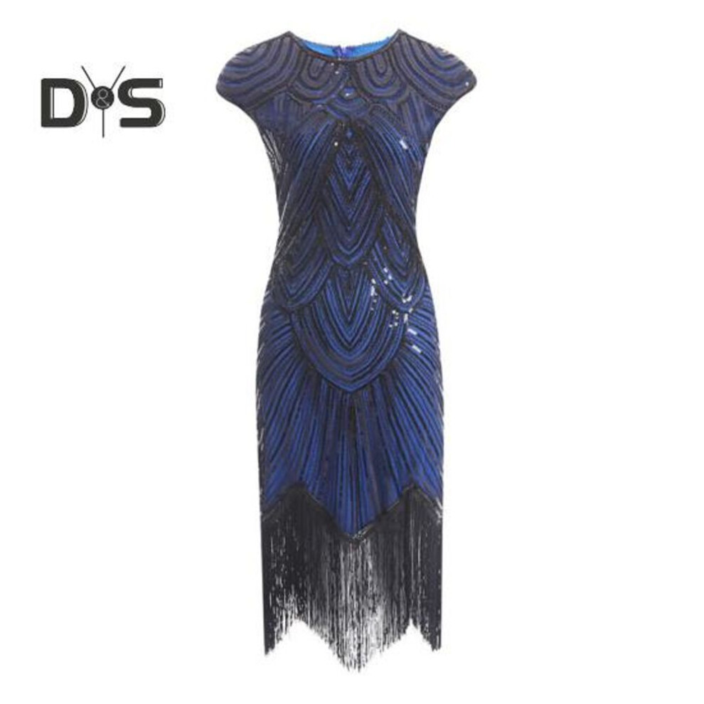 (black,blue, L) Women Sequin Dress Vintage Prom Party Evening Dress Sleeveless Round Neck Back Zipper Closure Fringed Hem Sheath Slim Fit Lady Dress