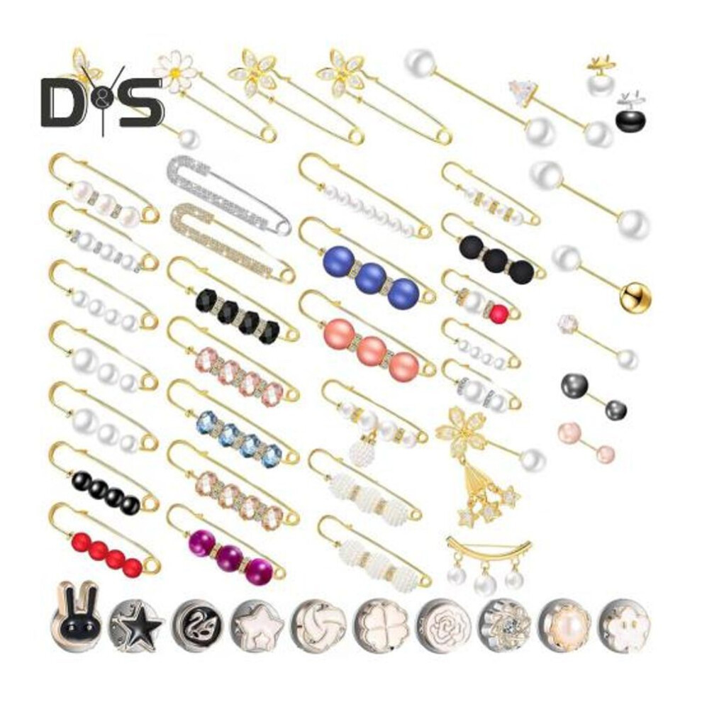 (as the picture, D) 50 Pcs Women Pin Brooch Set Multi Element Decor Faux Pearl Rhinestones Flower Bow Pin For Clothing Socks Hats Bags Low-cut Neck Closure Pins