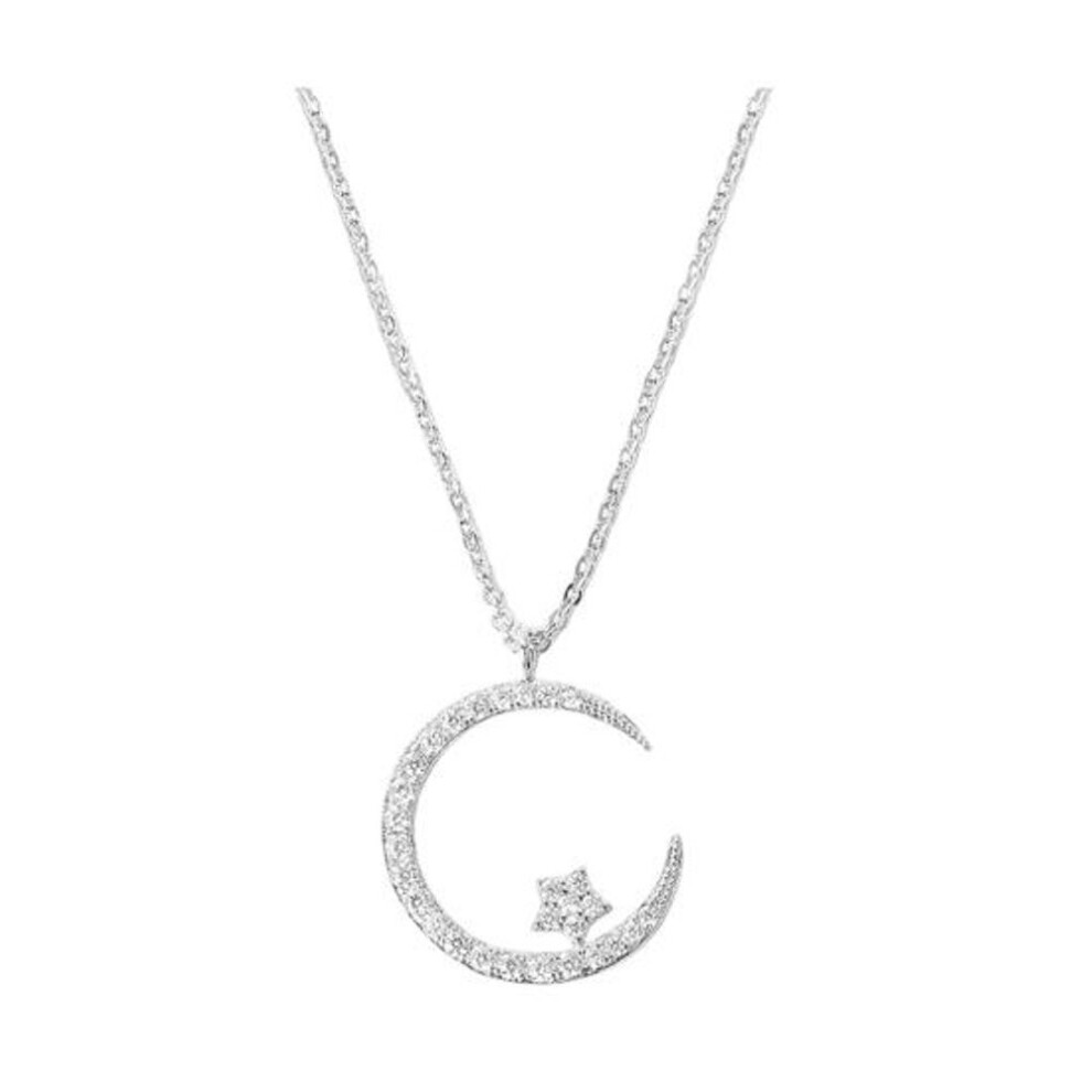 (silver) Crescent Moon Star Necklace Cubic Zirconia Star Moon Pendant Necklace Jewelry Gift For Women Teen Girls
