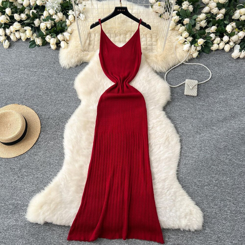 (red, One Size) 2025 Summer Knitted Spaghetti Straps Long Dress For Women Sexy Package Hips Maxi Dress Elegant Party Clothes Outfits