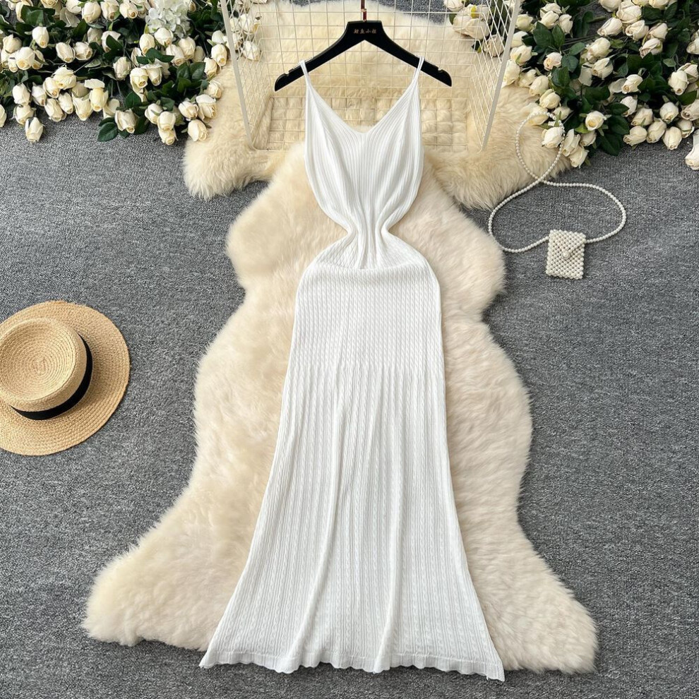 (white, One Size) 2025 Summer Knitted Spaghetti Straps Long Dress For Women Sexy Package Hips Maxi Dress Elegant Party Clothes Outfits