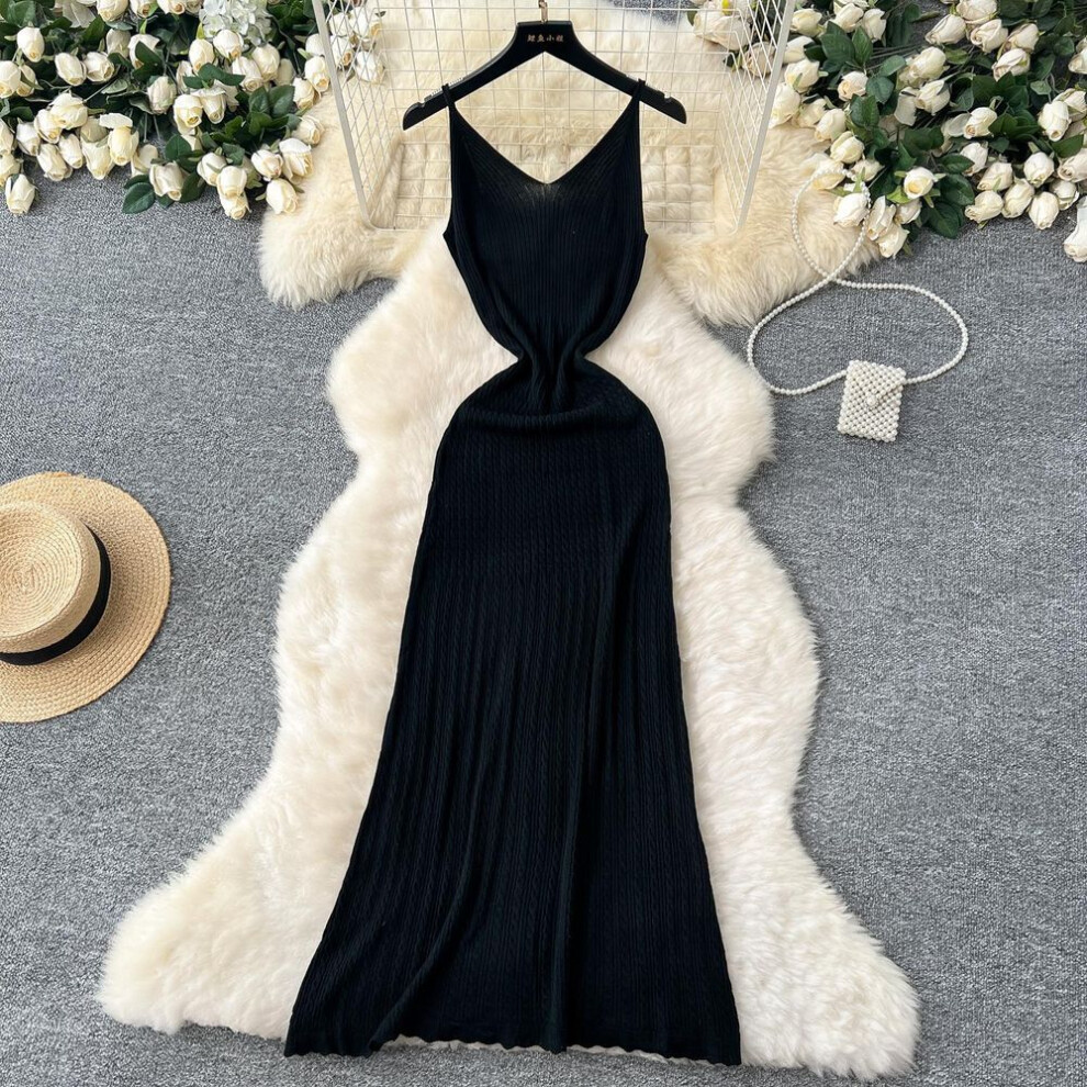 (black, One Size) 2025 Summer Knitted Spaghetti Straps Long Dress for Women Sexy Package Hips Maxi Dress Elegant Party Clothes Outfits