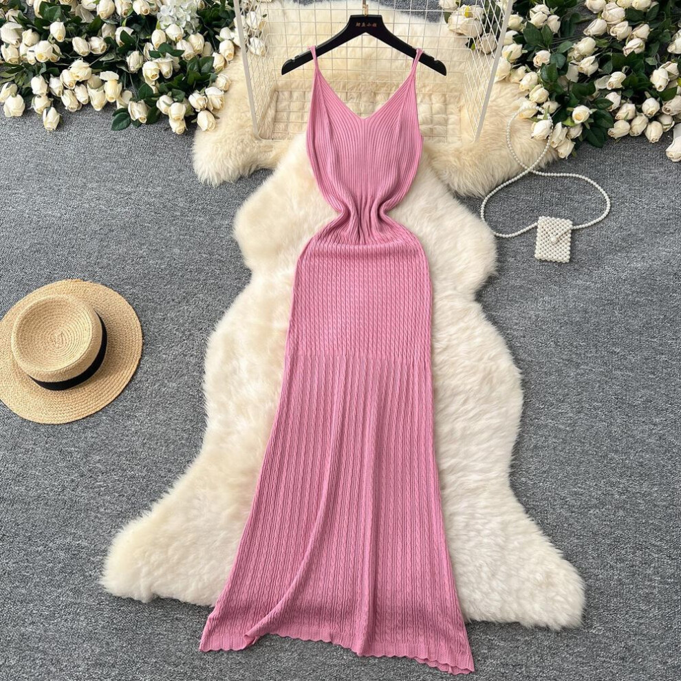 (pink, One Size) 2025 Summer Knitted Spaghetti Straps Long Dress For Women Sexy Package Hips Maxi Dress Elegant Party Clothes Outfits