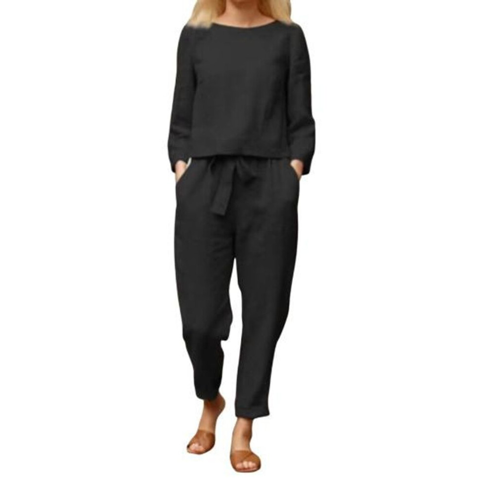 (black, S) 2 Pcs/set Women Top Pants Set Round Neck Long Sleeves Blouse Vintage Elastic Waist Trousers Daily Leisure Loose Outfit