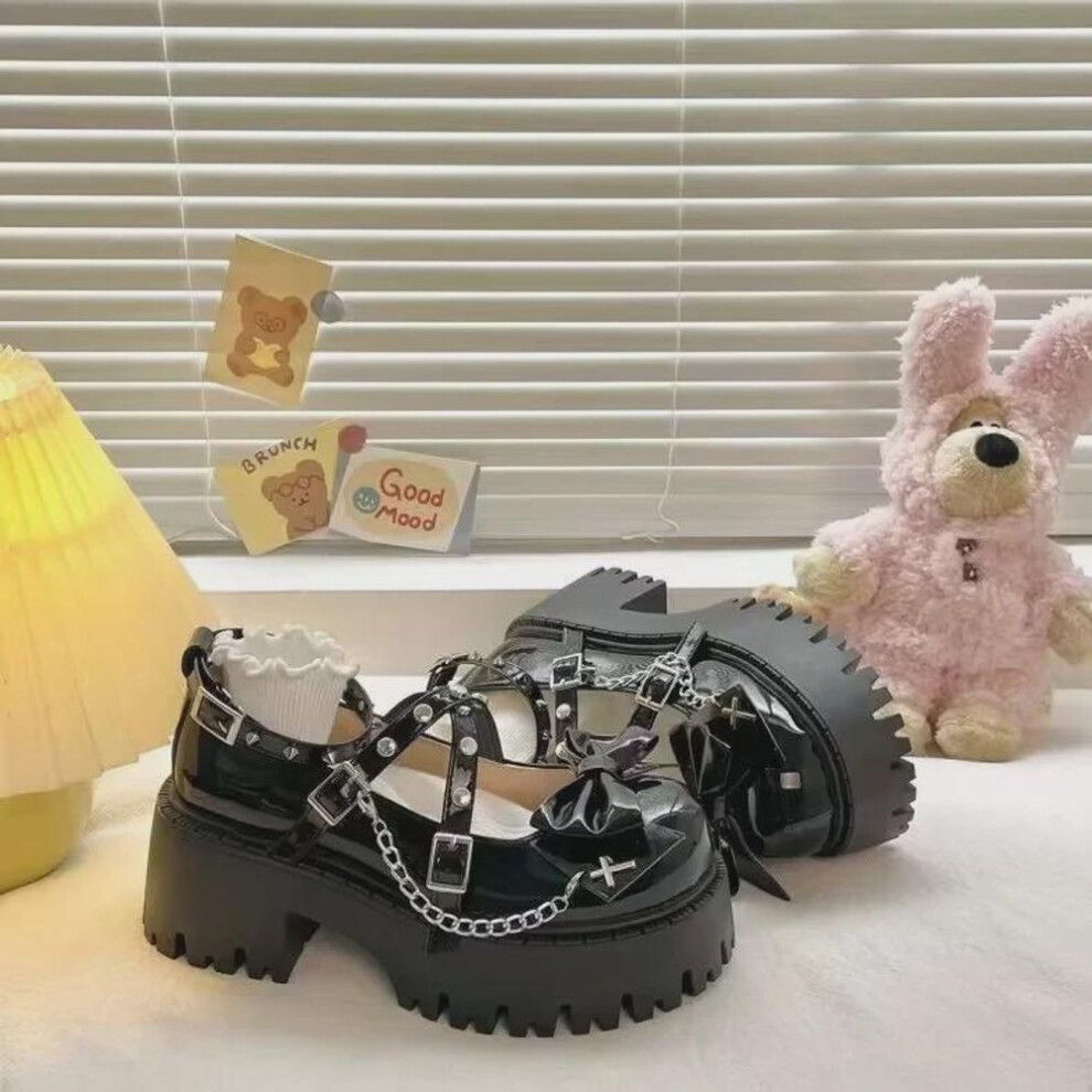 (black, 39) Summer 2024 Women's Black Bow Mary Jane Leather Shoes with Thick Soles, Rivets, Round Toes, and Chunky Heels.