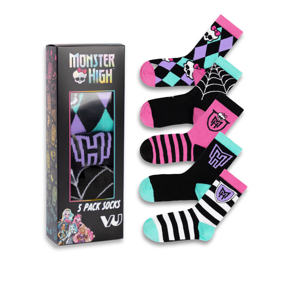 (12.5-3.5 UK Child) Monster High Calf Socks Set of 5 (Girls Multicoloured)