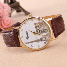 (Brown) Eiffel Pattern Tower Watch Pu Strap Quartz Wrist Watch Fashion Gift Decoration