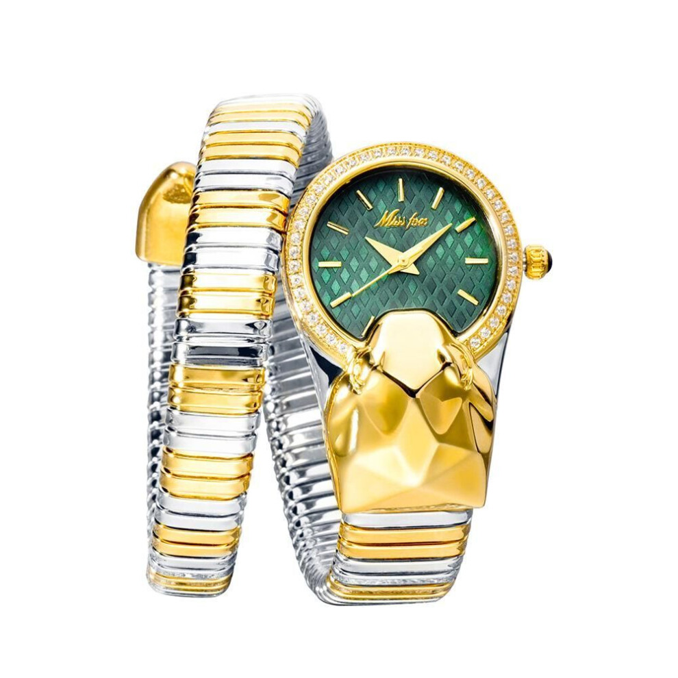 (golden,green) Ladies' Fashion Trend Unique Diamond Studded Snake Shaped Watch Waterproof Bracelet with Diamond Dial and Quartz Watch
