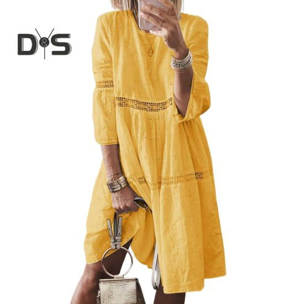 (yellow, XL) Lady Dress Lace Hollow Out Embroidery Three-quarter Sleeves Solid Color Loose Knee Length A-line Loose O Neck Midi Dress