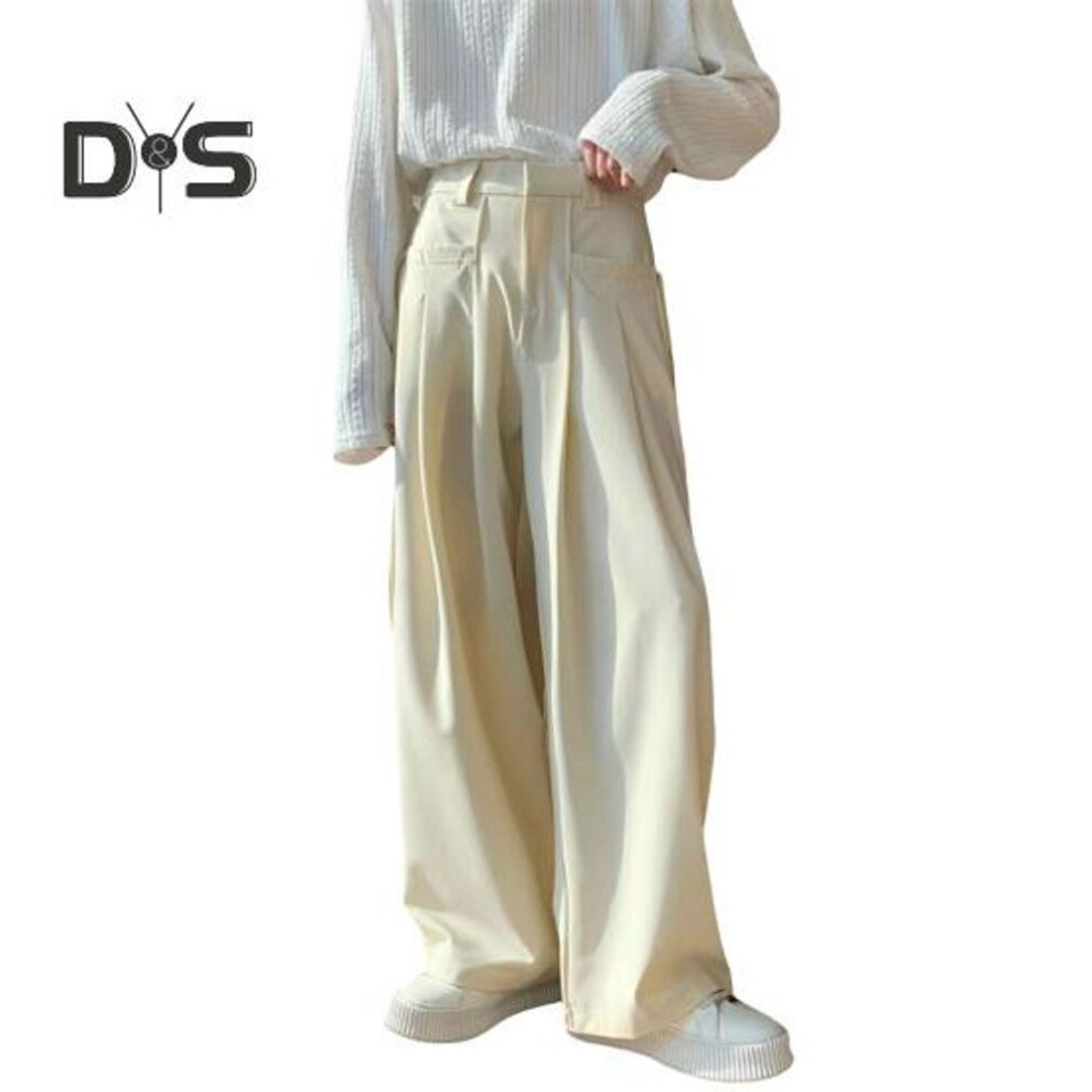 (white, 3XL) Men Pants Solid Color Ice Silk Oversized Wide Leg English Style Deep Crotch With Pockets And Ropes Zippered Trousers For Daily Home Streetwear Sports