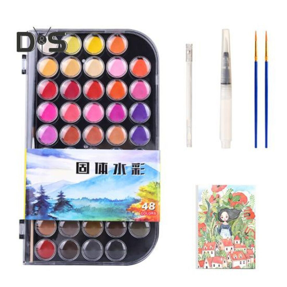 (as the picture, 48 colours) Boxed Solid Watercolor Paint Set For Kids 12 Colors/ 48 Colors Watercolor Paints With Paintbrushes Paper Portable Watercolor Palette For Beginners
