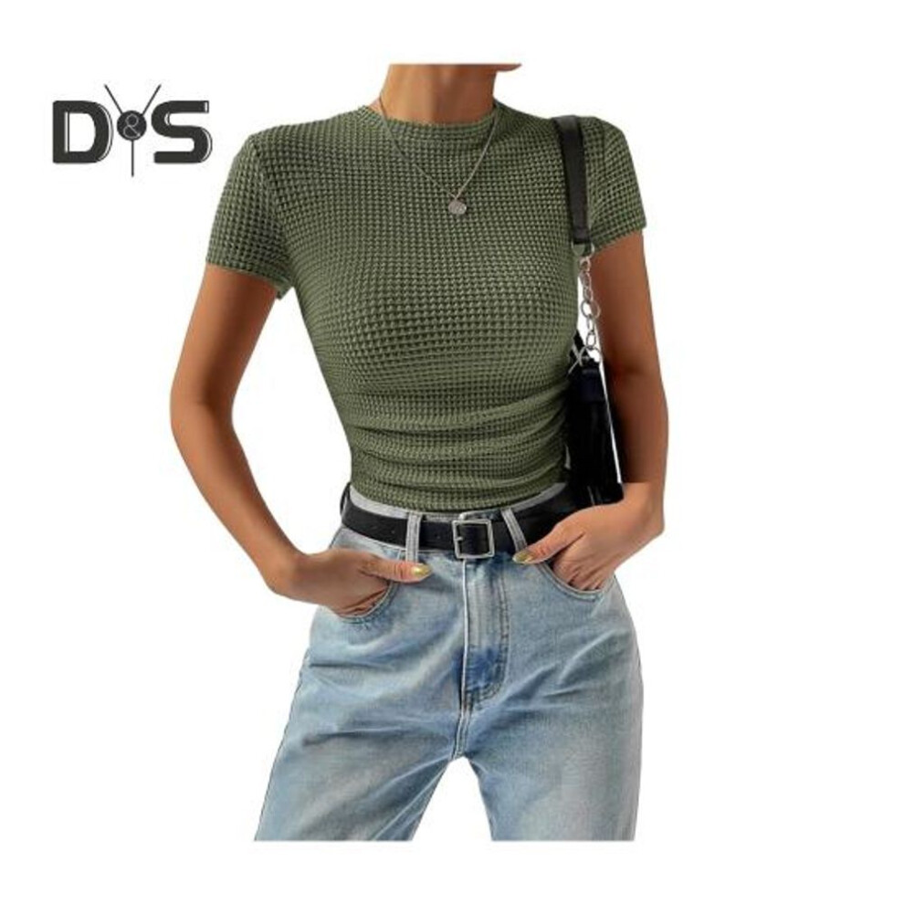 (M, green) Women Tee Shirt Round Neck Short Sleeve Slim Fit Tops Solid Color Side Drawstring Short Tops Daily Wear