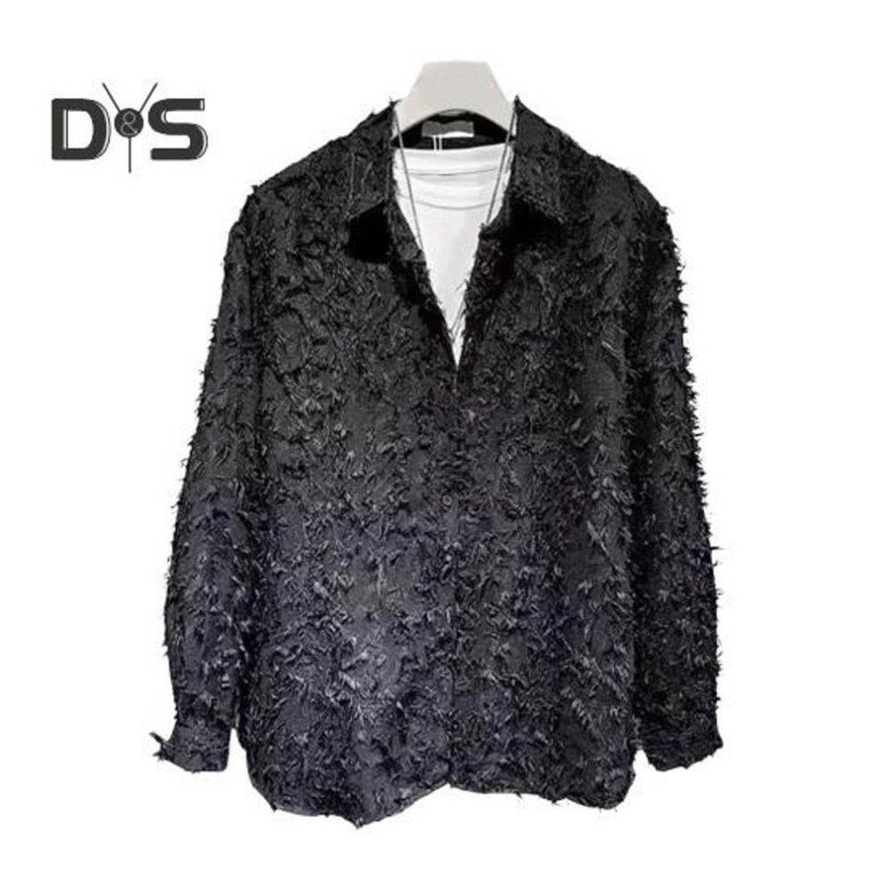 (L, black) Men Shirt Long Sleeve Solid Color Fuzzy Tassel Button-down Cardigan Mid Length Regular Fit Streetwear Club Shirt For Daily Wear Parties Travel
