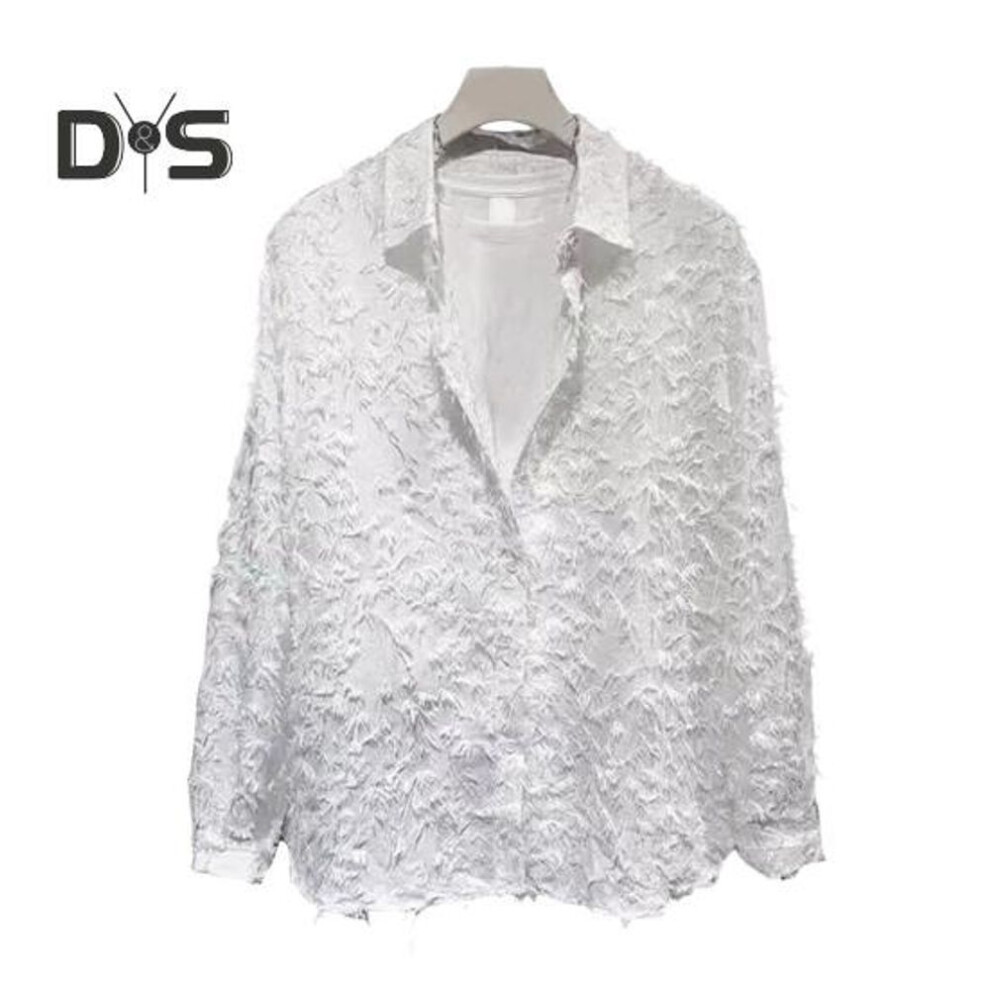 (2XL, white) Men Shirt Long Sleeve Solid Color Fuzzy Tassel Button-down Cardigan Mid Length Regular Fit Streetwear Club Shirt For Daily Wear Parties Travel